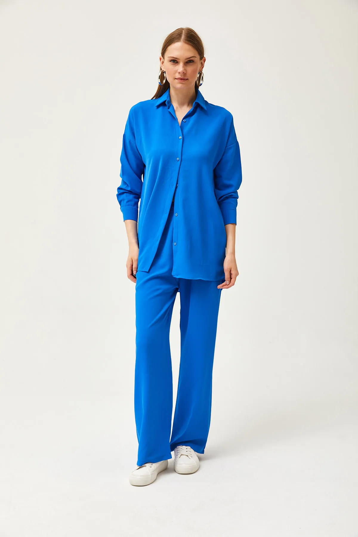 Olalook  Damen Saks Blau Drapiertes Hemd Hosen Set TKM-19000283