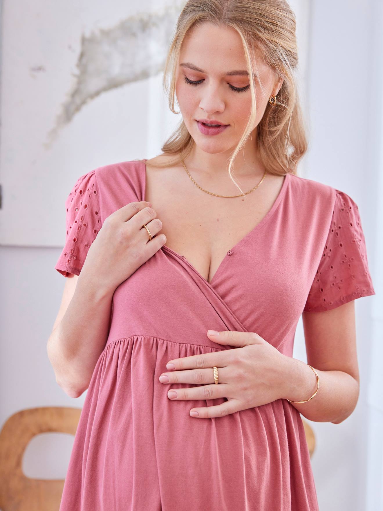 Robe cache-coeur bi-matière grossesse et allaitement vieux rose