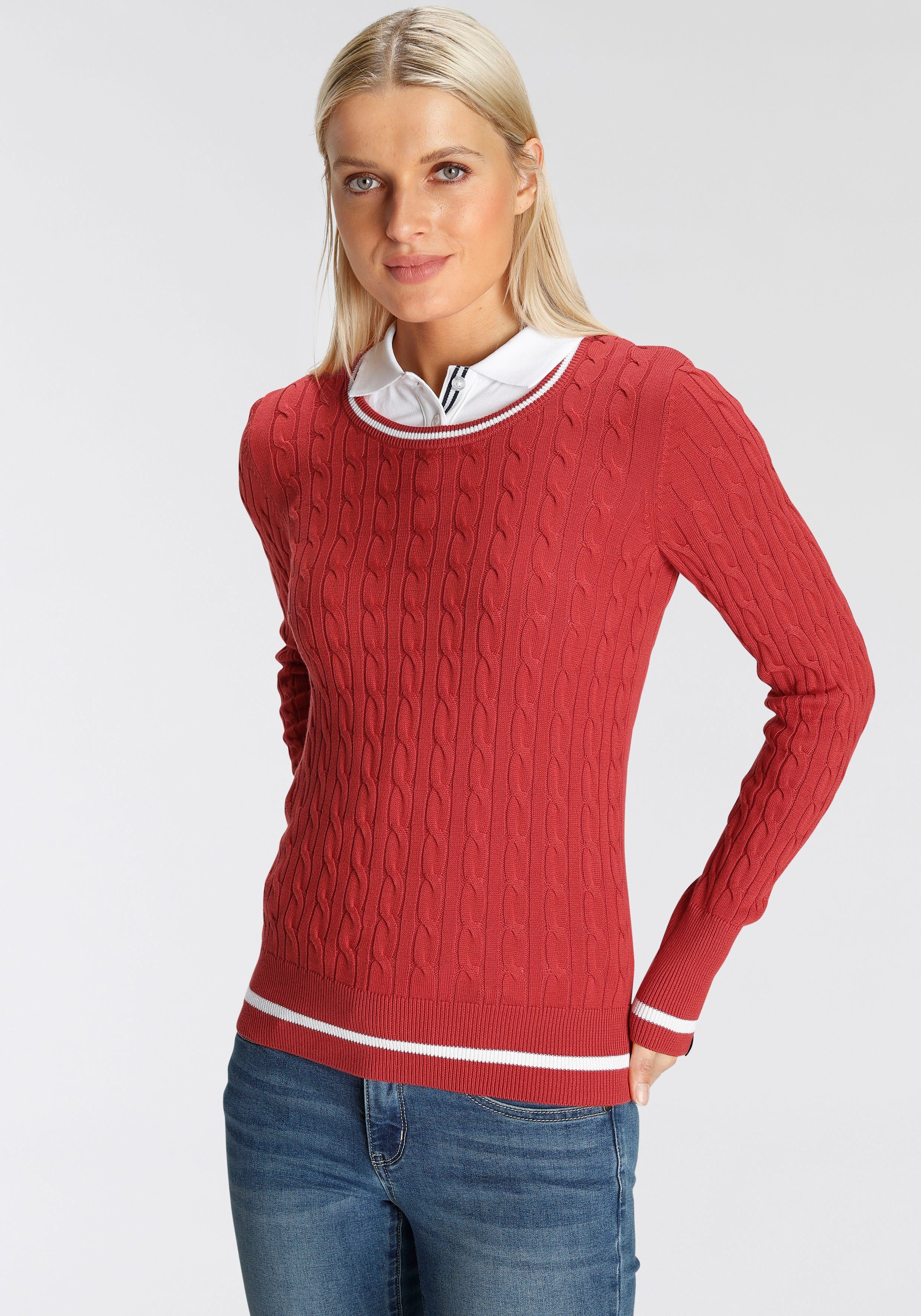DELMAO Strickpullover mit Kontaststreifen und durchendem Zopfmuster - NEUE MARKE!