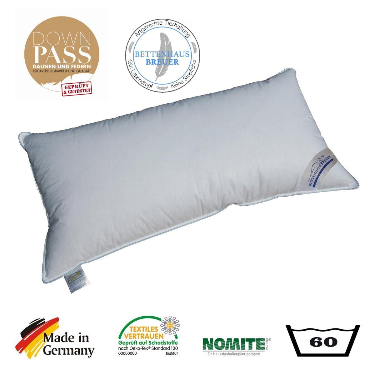 3-Kammer-Kopfkissen 3 Kammer Kopfkissen Luxus Kissen dick 640g neue Daunen Klasse1 40x80, New Lab, Füllung: Innenkammer 100% neue weiße Federn Klasse1, Außenkammer 60% neue weiße Daunen + 40% neue weiße Kleinstfederchen Klasse1, Bezug: 100% Baumwolle