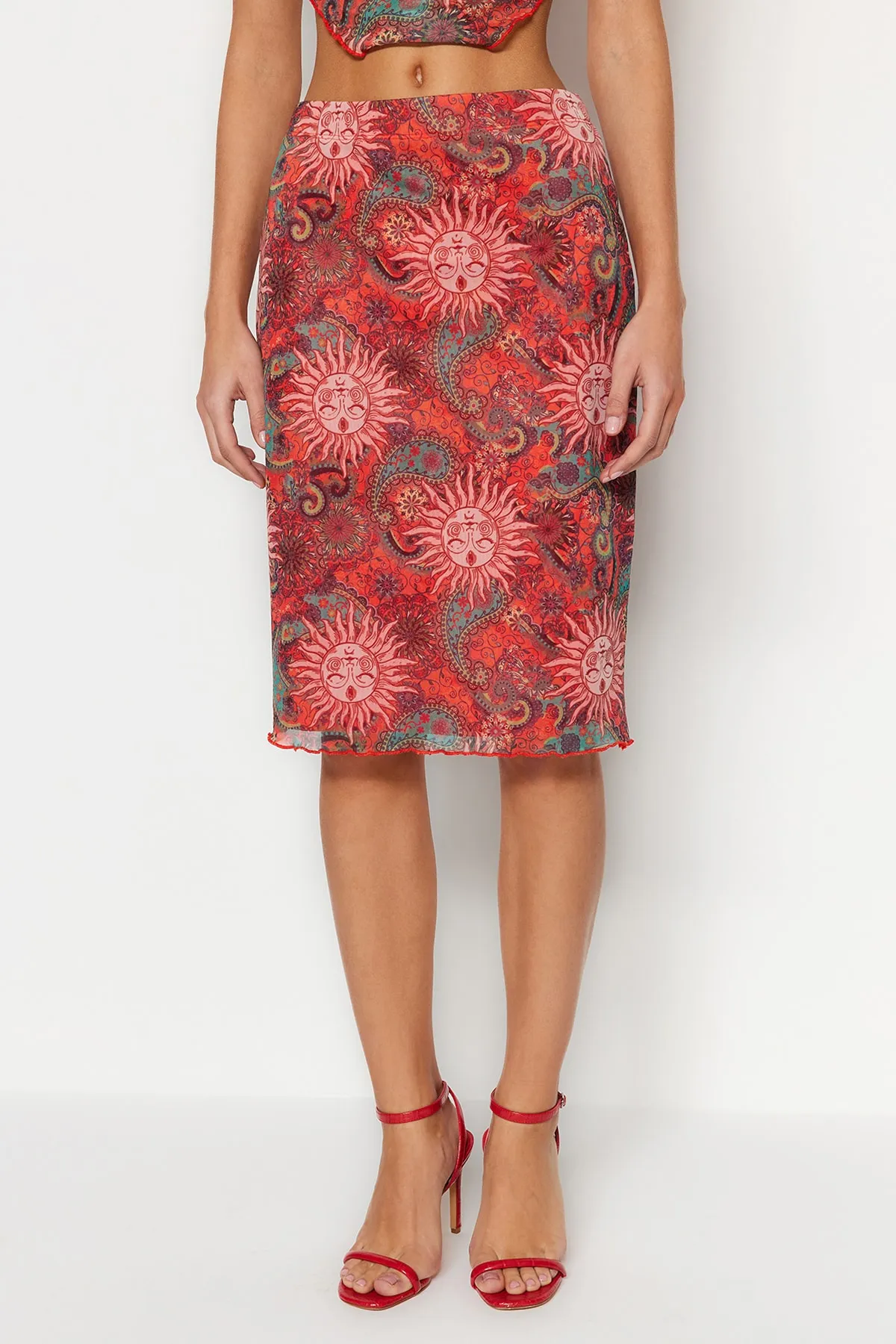 Trendyol Collection  Premium Orange bedruckter Midi-Strickrock aus Tüll mit hohem Bund und Futter TWOSS23ET00206
