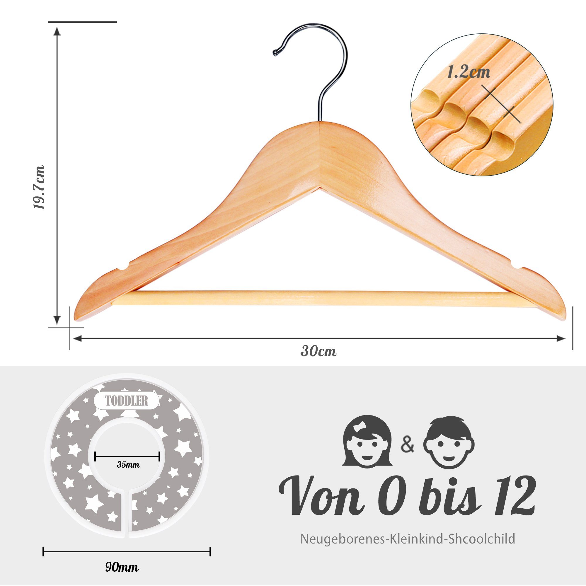 Homewit Kleiderbügel Baby Kinderkleiderbügel aus Holz mit Hosensteg und 8 Kleidungsteiler, (Set, 20-tlg), Mit 360° drehbarer Haken und Einschnitt für Baby & Kinderkleidung