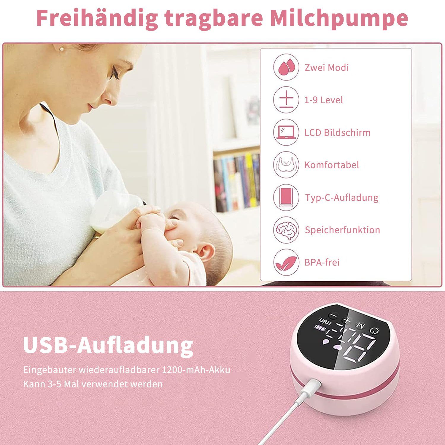 Yaviel Elektrische Milchpumpe Elektrisch Abpumpen Muttermilch Elektrisch Breast Pump Electric, Handsfree Tragbar LCD-Display 2 Modi und 9 Stufen, Geräuscharm und Schmerzfrei