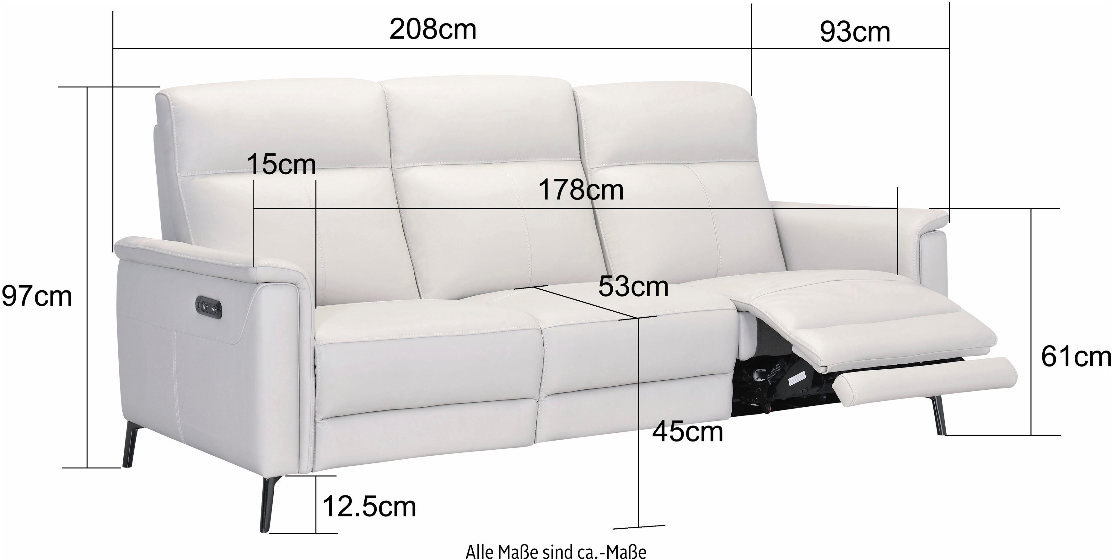 Places of Style 3-Sitzer Barano, Relaxsofa in Leder und Webstoff, elektrische Relaxfunktion in 2 Sitzen, Kopfteilverstellung und USB