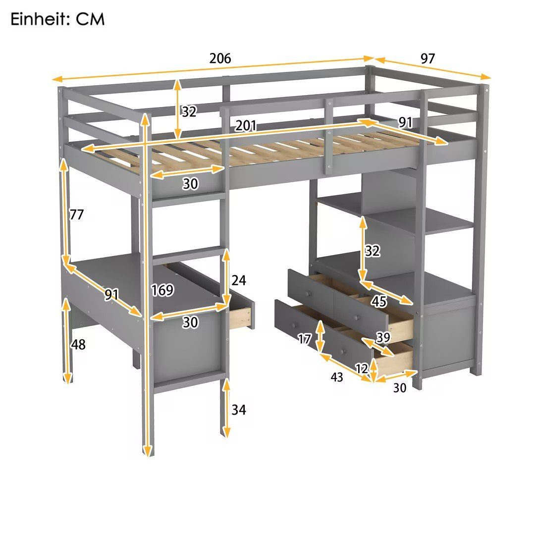 REDOM Etagenbett Kinderhochbett, Einzelbett, Bett, Kinderbett (mit Stauraumschubladen, mit Stauraumschubladen, Ohne Matratze), 90 x200cm