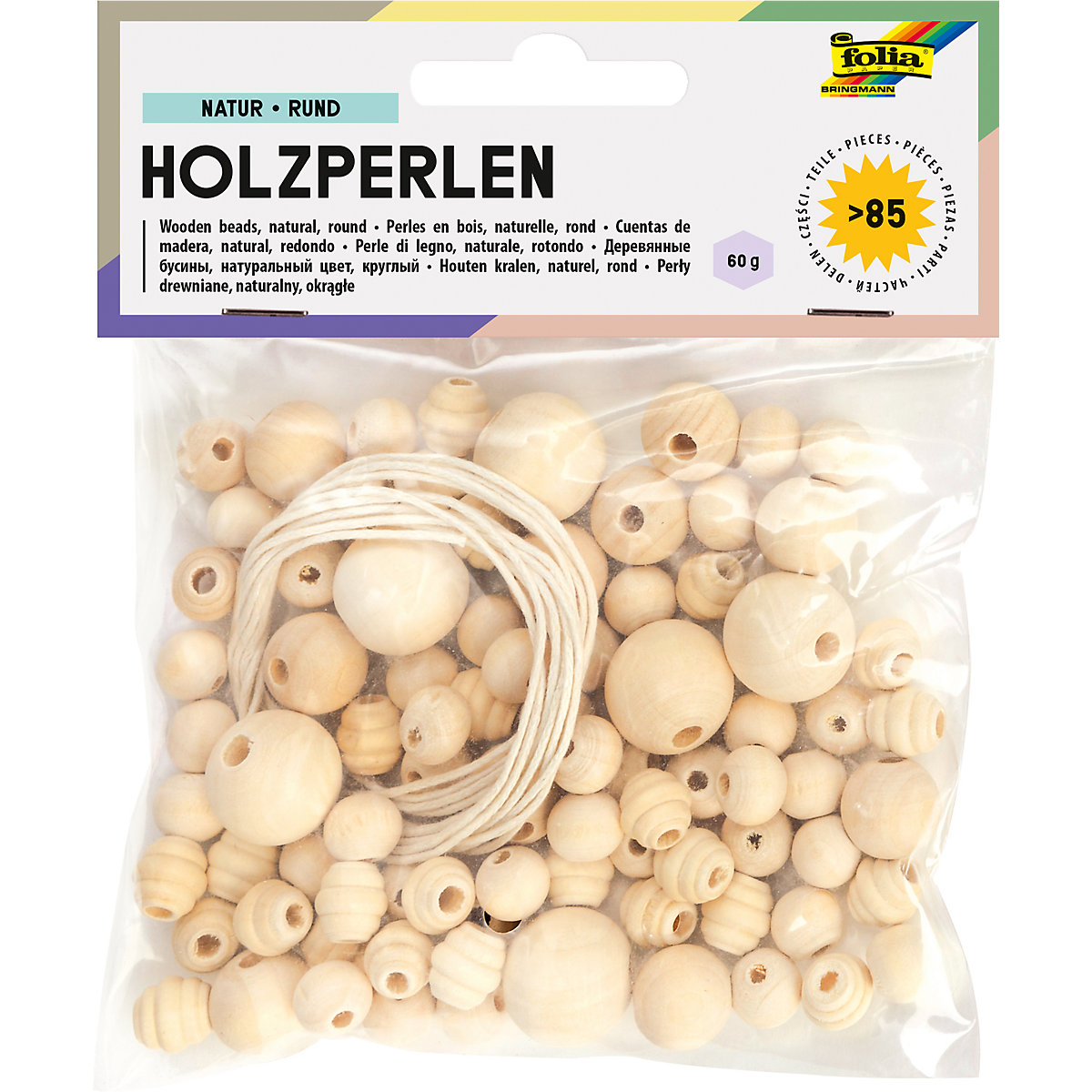 Holzperlen NATUR, 86 Teile, 84x Perlen sort. & 2x Schnüre à 85cm
