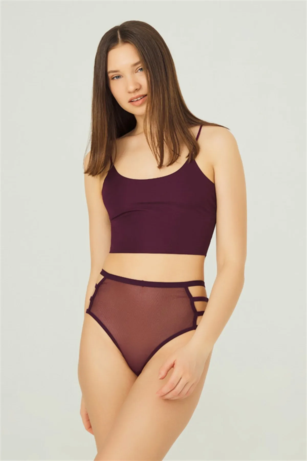 Cottonhill  Transparentes, elastisches, detailliertes Bikini-Höschen mit hoher Taille aus pflaumenfarbenem Tüll