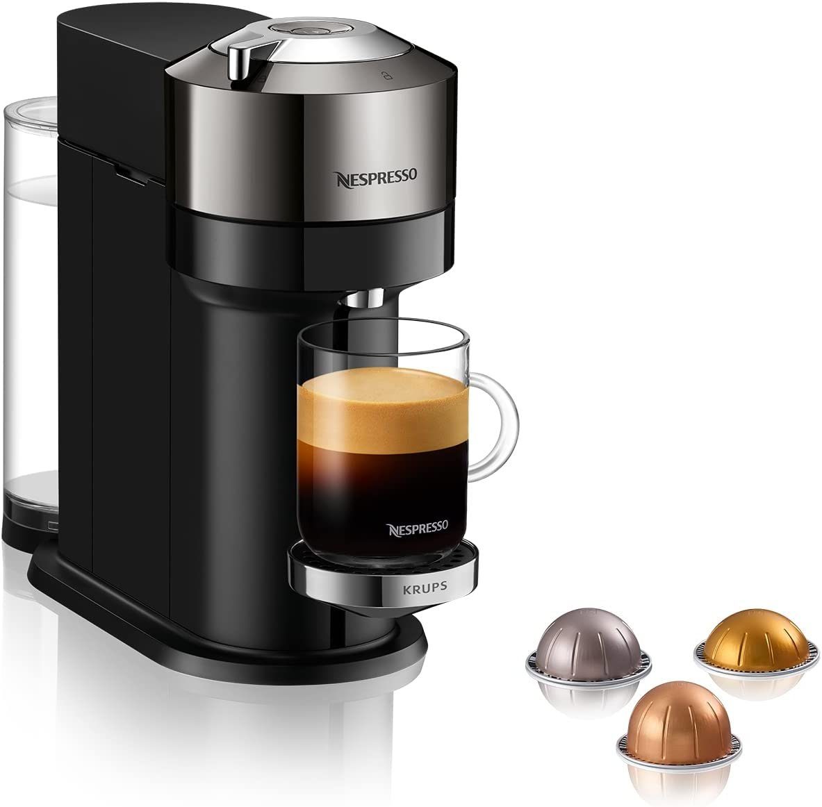 Krups Kapselmaschine Vertuo Next Chrome XN910C Kaffeemaschine, Aeroccino 3 Milchaufschäumer, 1x1, Röstmischungs 1,1L Wassertank, Kapselerkennung, 5 Tassengrößen