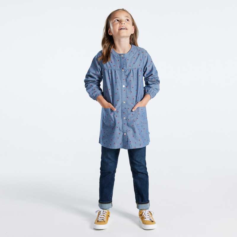 Tablier d'écolière motif cerises bleu fille