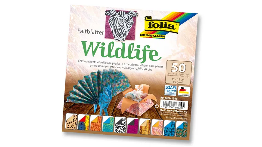 folia Faltblätter Wildlife 50 Blatt 15 x 15 cm sortiert