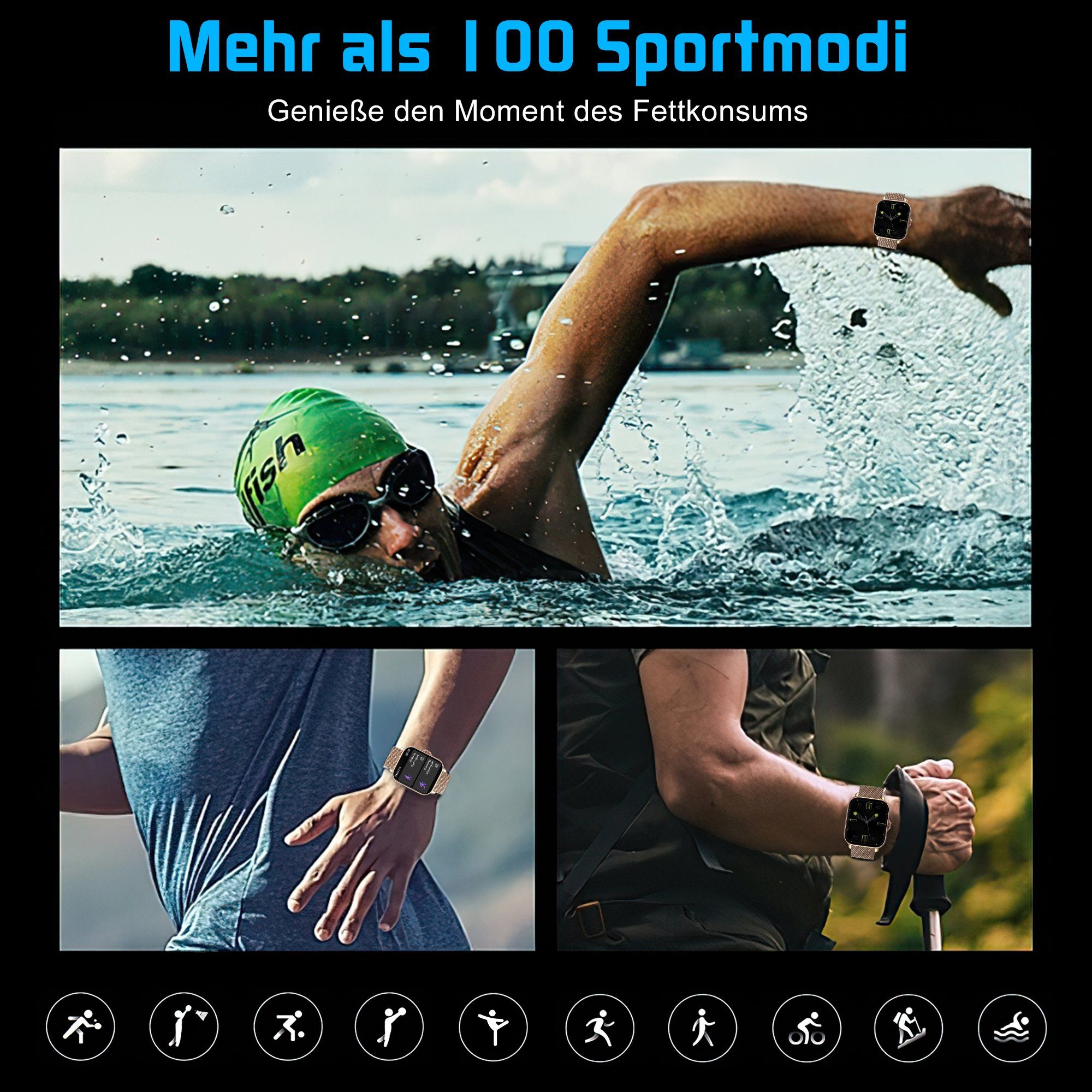 Tisoutec Smartwatch Damen Herren Smartwatch (Fitnessuhr mit Telefonfunktion/WhatsApp Notiz,Smartwatch Fitness Tracker Uhr IP67 Wasserdicht,1.83