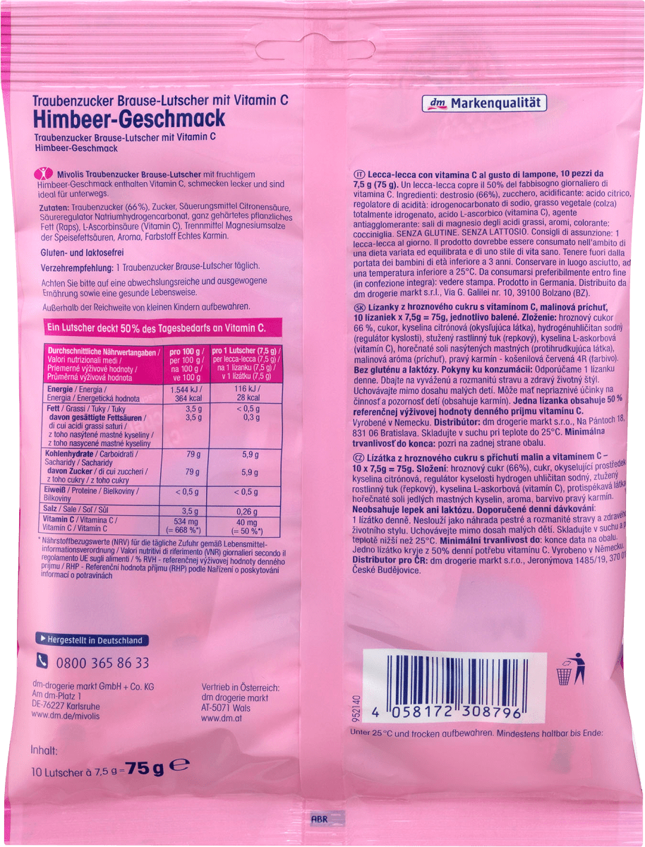 Traubenzucker, Brause-Lutscher Himbeere für Kinder, 75 g