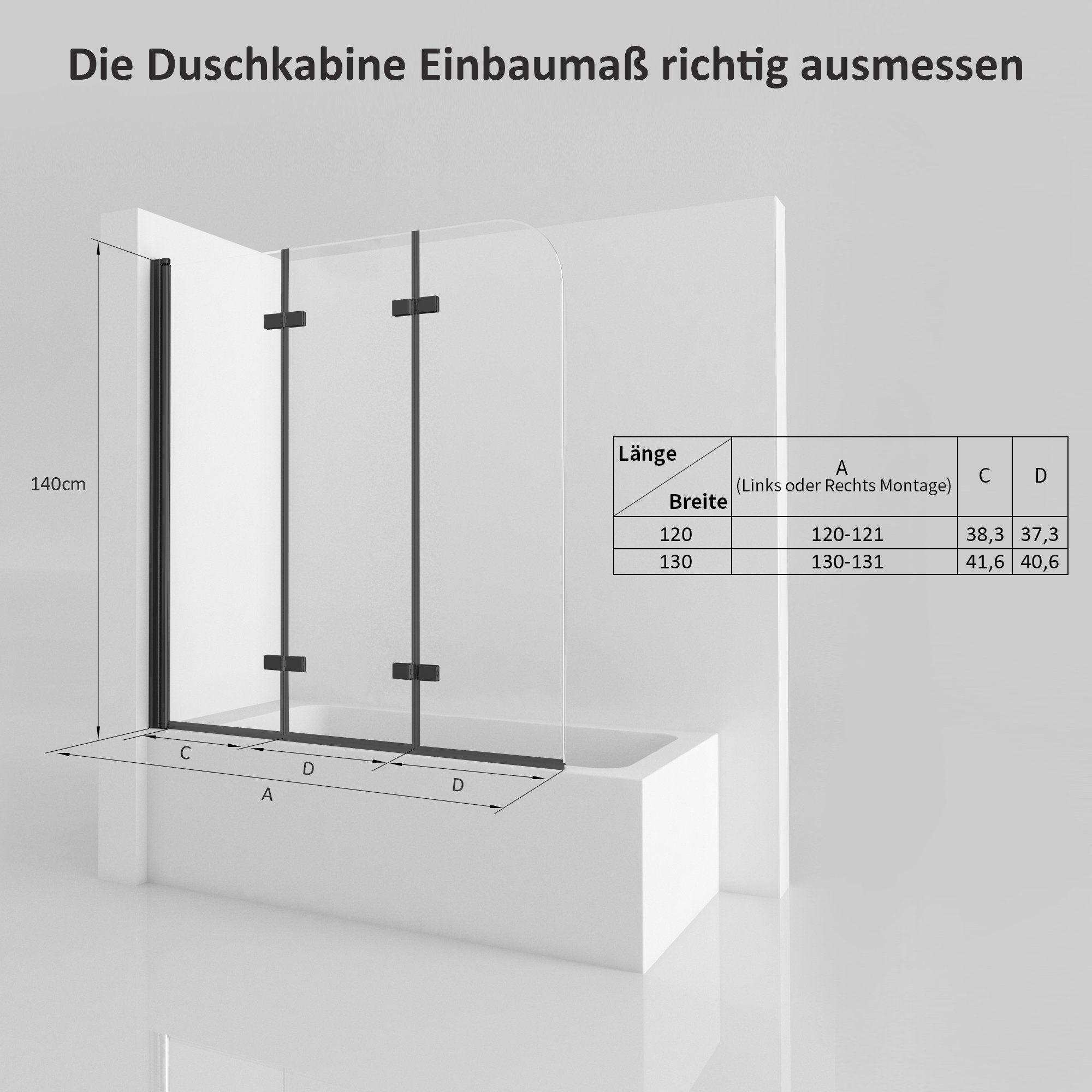 Boromal Badewannenaufsatz 3 teilig faltbar Schwarz 180° Faltwand Duschabtrennung Badewanne ESG, beideseitig Nano, Alu Wandprofil, (Duschwand für Badewanne, 120x140cm, 130x140cm), Rechts-und Links montierbar, Hebe-/Senkfunktion