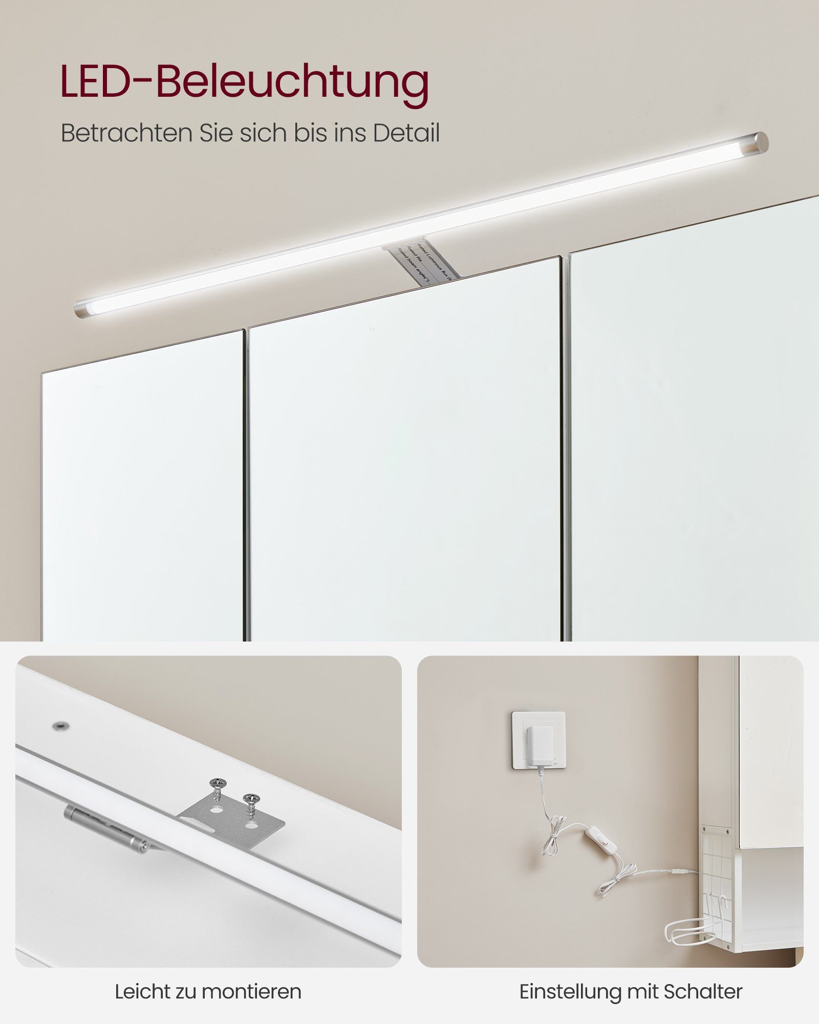 VASAGLE Spiegelschrank Badezimmerschrank mit Beleuchtung, Kabel