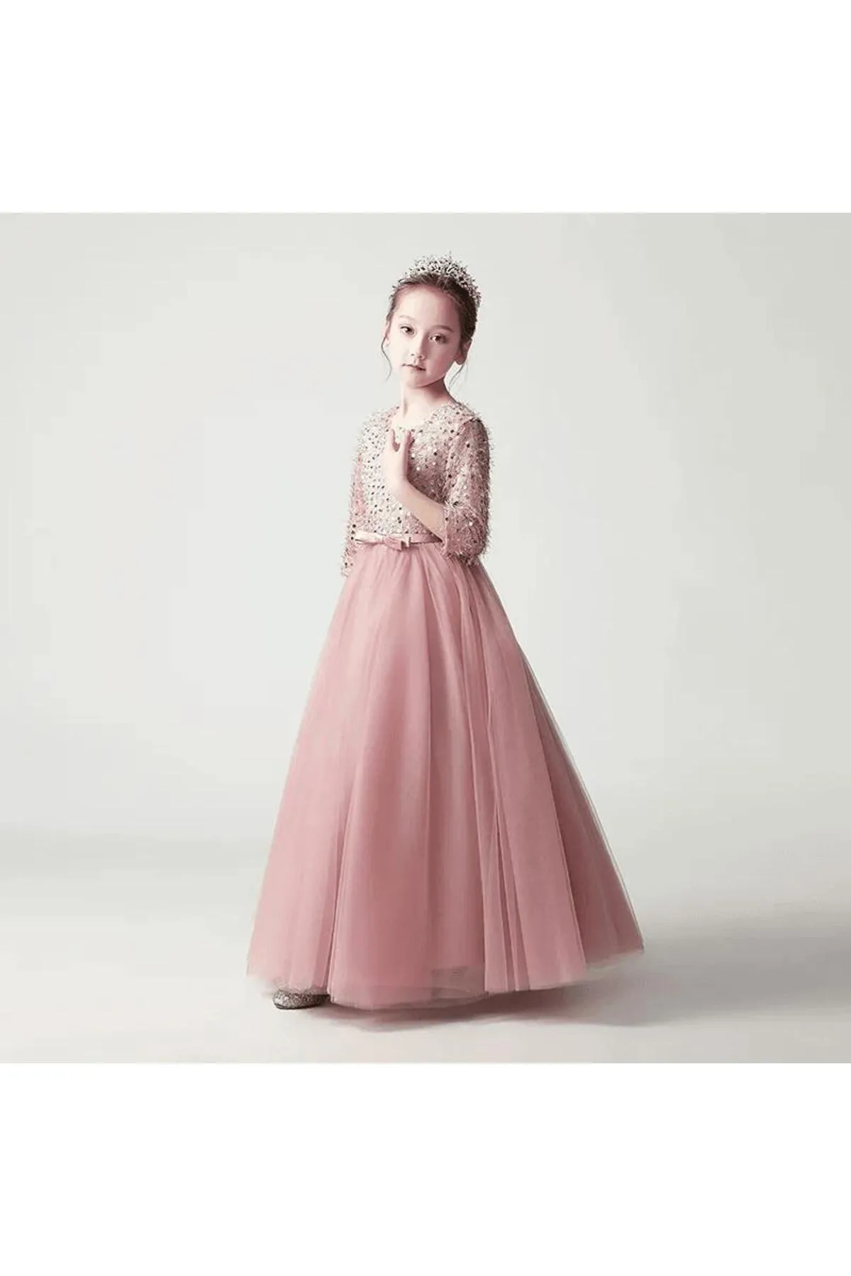 Mashotrend  Bled Abendkleid für Mädchen mit Pailletten und Fransen – Tarlatan Kinder-Abendkleid Langarm-Abendkleid für Mädchen