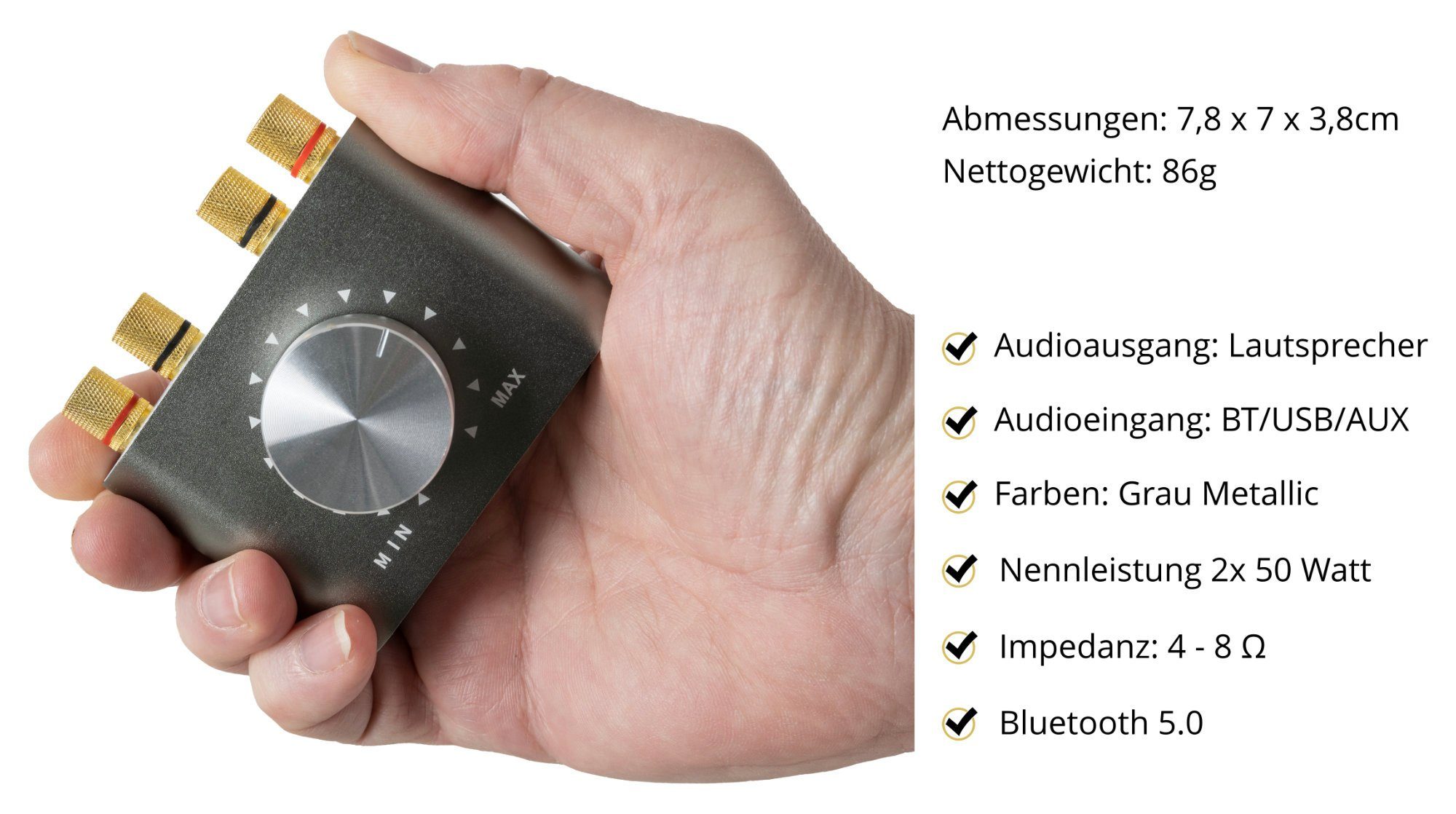 McGrey MAMP-250BT Mini-Hifi-Verstärker Audioverstärker (100 W, Stereo-Verstärker - Bluetooth 5.0, Klinken- und USB-Eingang)