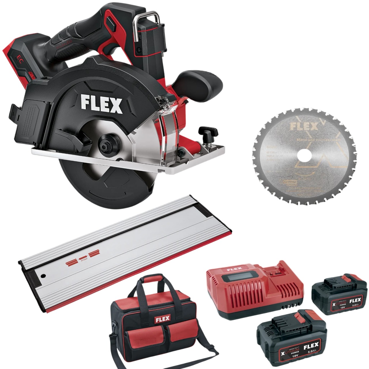 „Flex-tools“ 535935 CSM 57 18-EC ir GRS 80 akumuliatorinis metalinis diskinis pjūklas, 18 V, įskaitant 2 x 5,0 Ah baterijas, įkroviklį ir kreipiančiąją liniuotę transportavimo krepšyje.