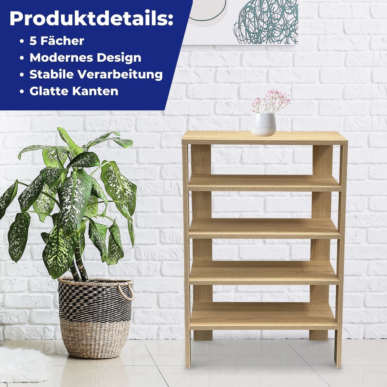 Coemo Schuhregal Charlie 60 x 32 x 87 cm mit 5 Ablagen Natur