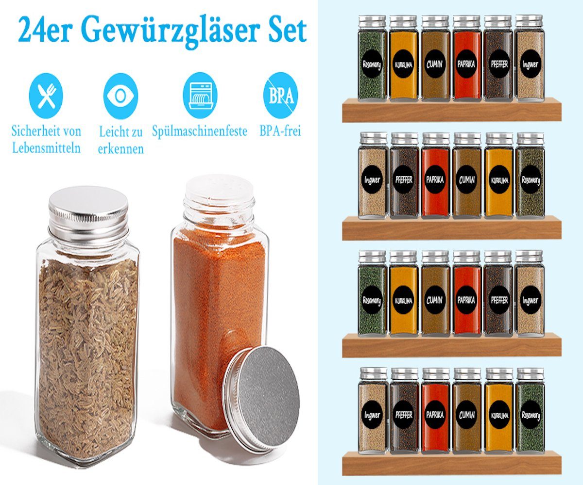 vokarala Gewürzbehälter Gewürzgläser Eckig 24 Set Glasbehälter Gewürzdosen aus Glas 120ml, (24-tlg), Gewürzstreuer mit Etiketten für Küche