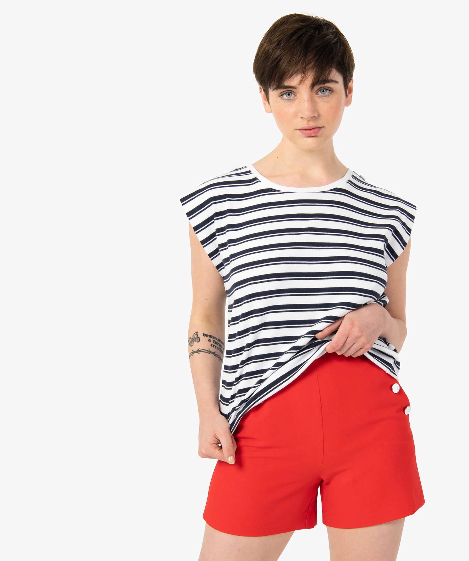 Tee-shirt femme rayé sans manches à épaulettes raye | GEMO