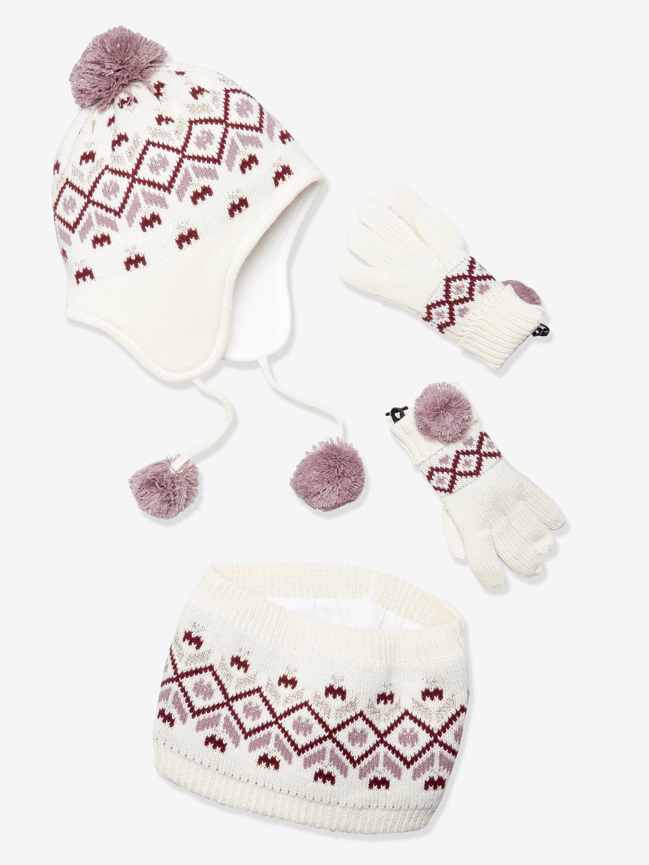 Ensemble fille bonnet + snood + gants jacquard écru