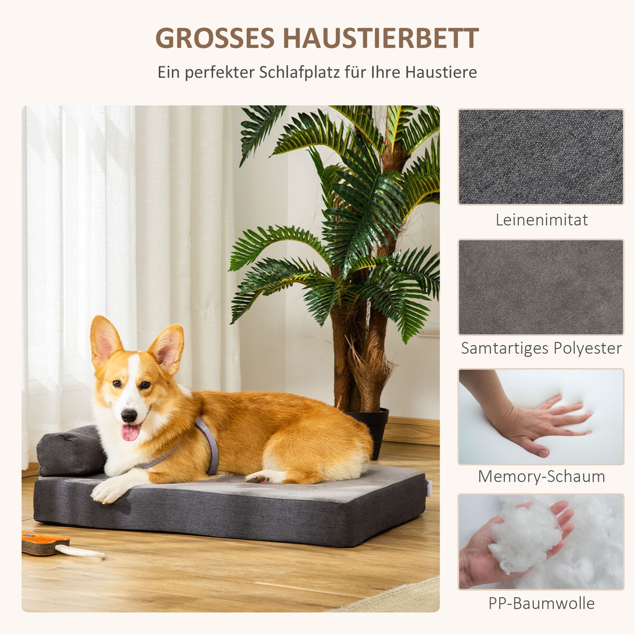 PawHut Haustierbett Tierbett Hundematratze Hundematte Bezug abnehmbar waschbar für kleine Hunde Katzen leinenartiges Polyester samtartiges Polyester PP-Baumwolle Grau75 x 55 x 20 cm