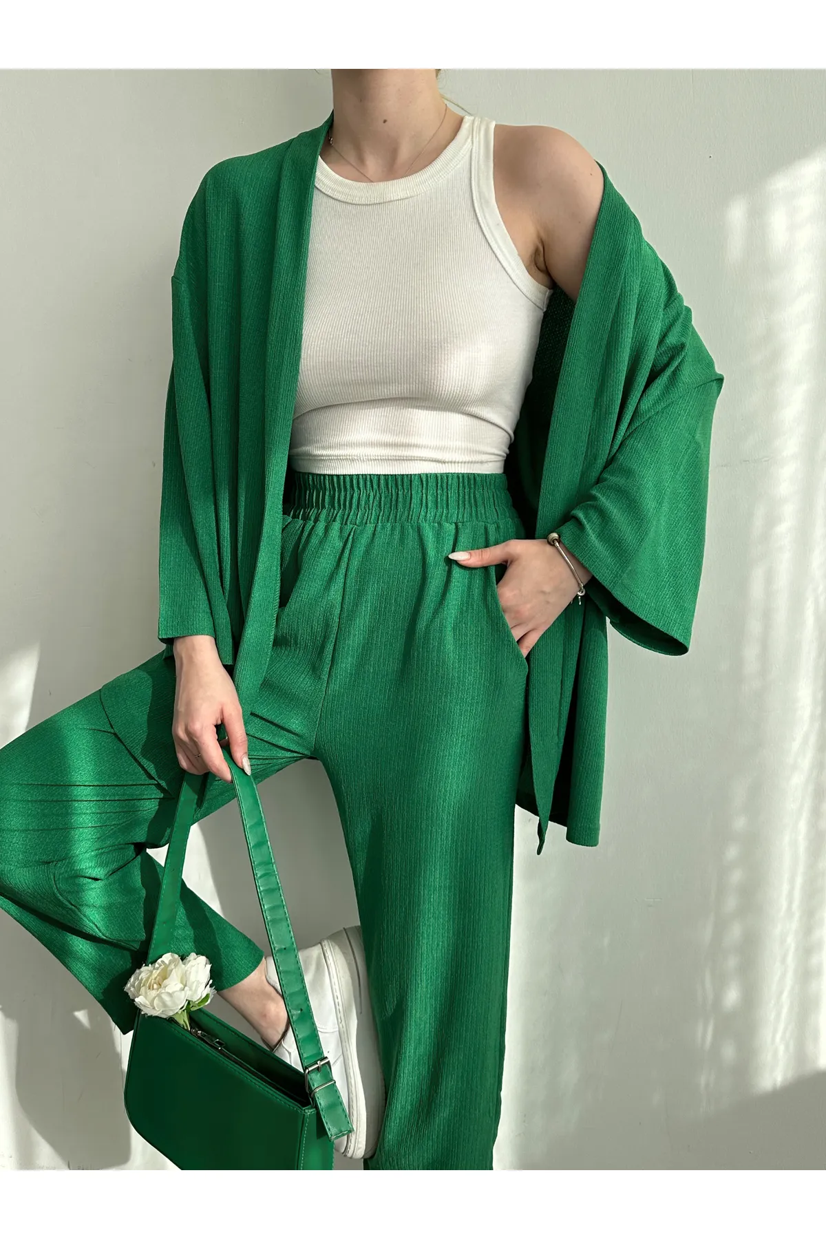 BEJNA  Grünes Kimono-Hosen-Strickset für Damen