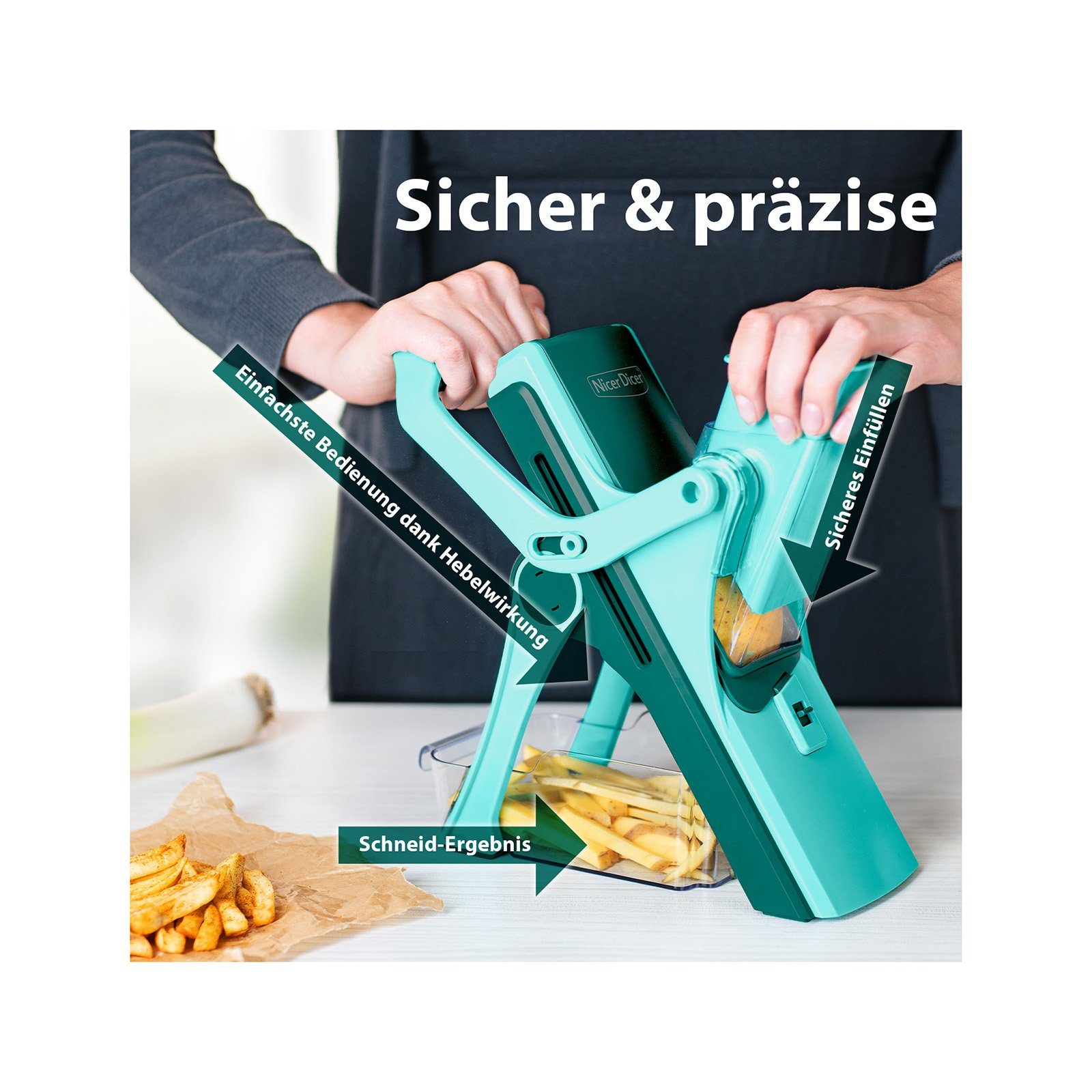Genius Gemüsehobel Genius Nicer Dicer Mando Gemüseschneider 12-tlg., Gemüsehobel manuell, (12 tlg., Deluxe Set), extra-scharfe Klingen aus Edelstahl in G-NOX-Qualität