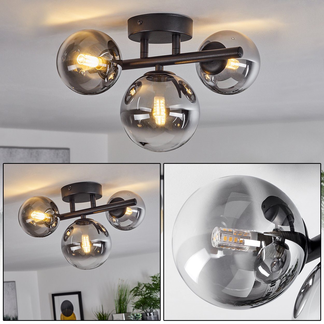 hofstein Deckenleuchte Isorella moderne Deckenlampe aus Metall/Glas in Schwarz/Rauchfarben, ohne Leuchtmittel, Leuchte im modernen Design mit Schirmen aus Rauchglas, 3xG9