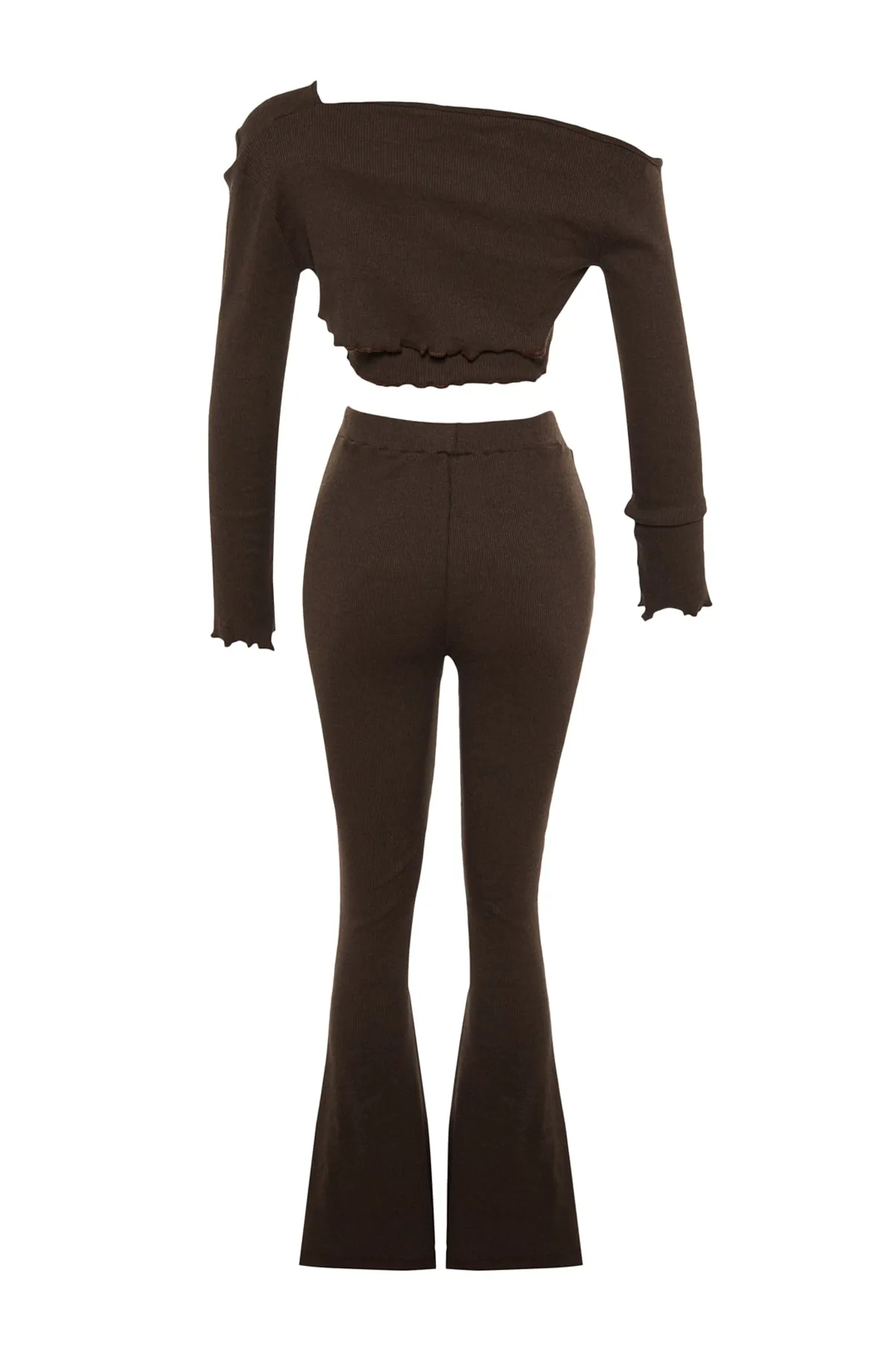 Trendyol Collection  Braunes asymmetrisches Set aus Oberteil und Unterteil aus Strick mit Kordelzug TWOAW23AU00058