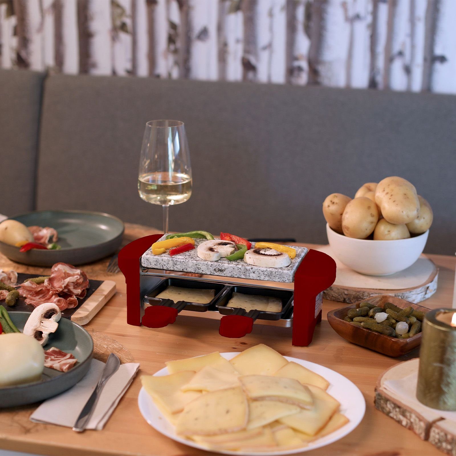 bmf-versand Raclette Raclette 2 Personen Tischgrill Elektrogrill Heißer Stein, 2 Raclettepfännchen, 350,00 W, Inklusive 2 Pfännchen, Ein-/Ausschalter, Naturgrillstein