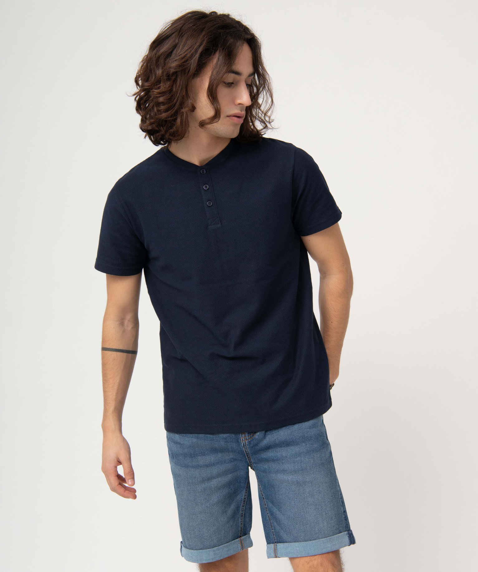 Tee-shirt homme col tunisien en maille texturée bleu fonce | GEMO