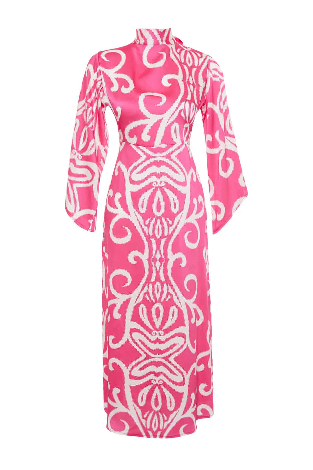 Trendyol Modest  Ecru Fuchsia gemustertes, gewebtes Satin-Abendkleid TCTSS24DB00017