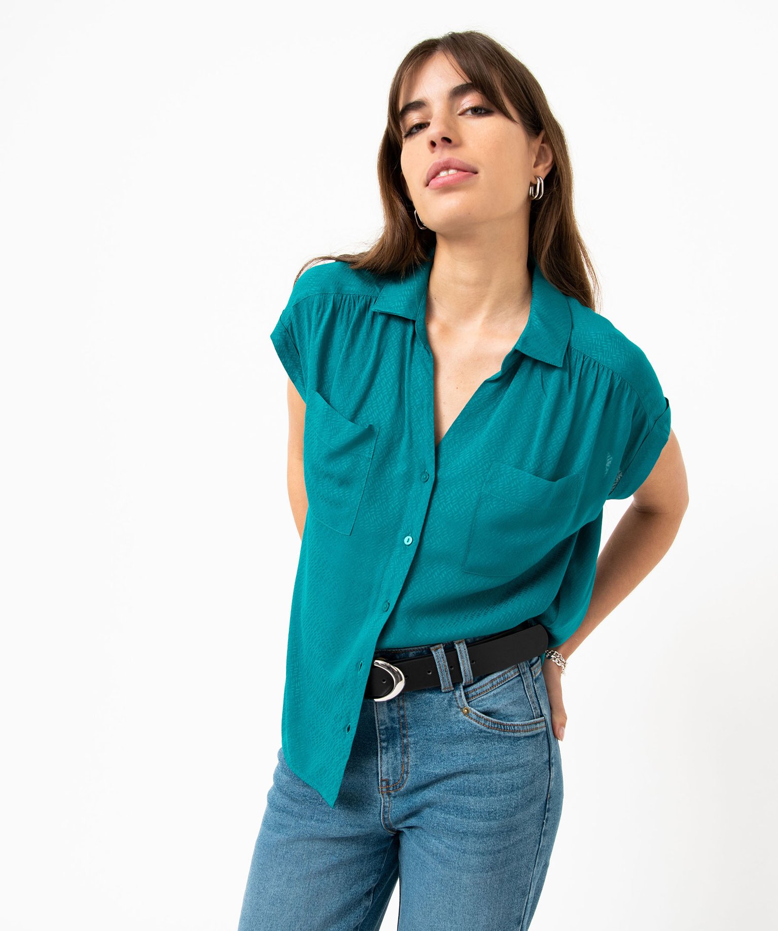 Chemise à manches courtes à reflets irisés femme bleu | GEMO