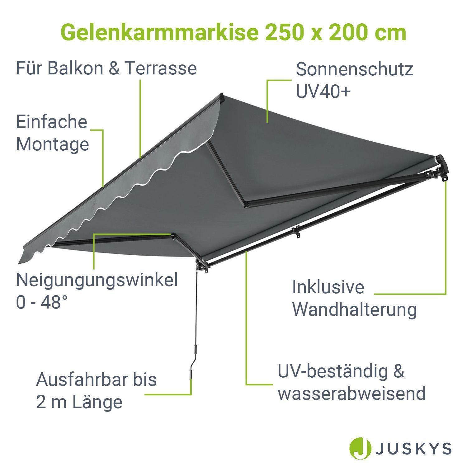 Juskys Gelenkarmmarkise UV40+ & wasserabweisend, einstellbarer Neigungswinkel