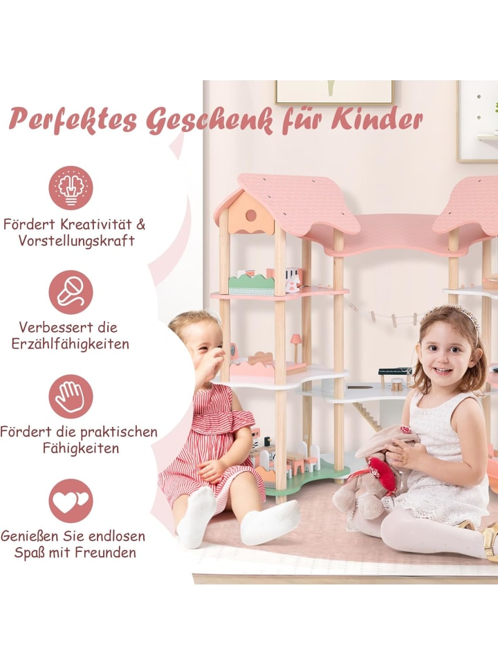 COSTWAY Puppenhaus Holz ab 3 Jahren in Rosa günstig kaufen onesize