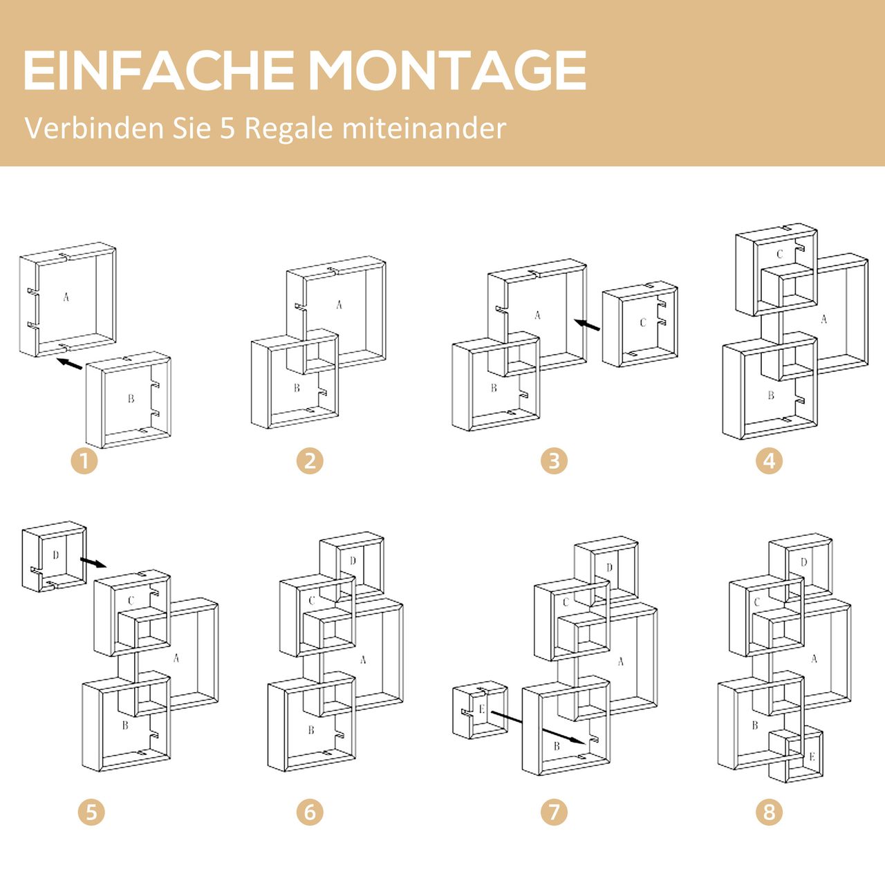 HOMCOM Wandregal Schweberegal Wandboard mit 5 ineinandergreifenden Würfel, 9 Fächer, Wanddeko für Wohnzimmer Schlafzimmer Tannenholz Weiß 49,5 x 10,2 x 86 cm