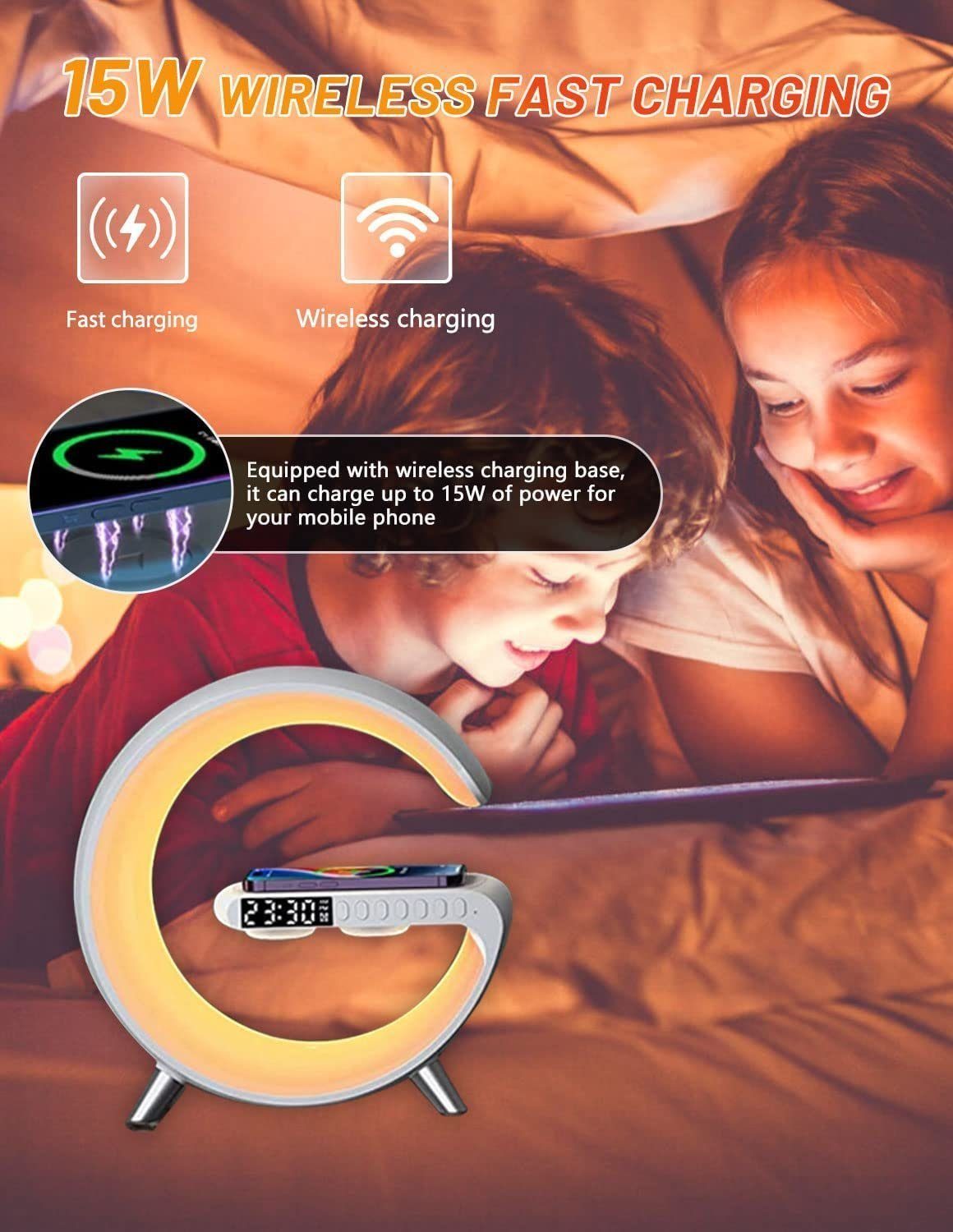 DOPWii Wecker Wake up Light mit Kabelloser Ladefunktion,Bluetooth Lautsprecher,15W
