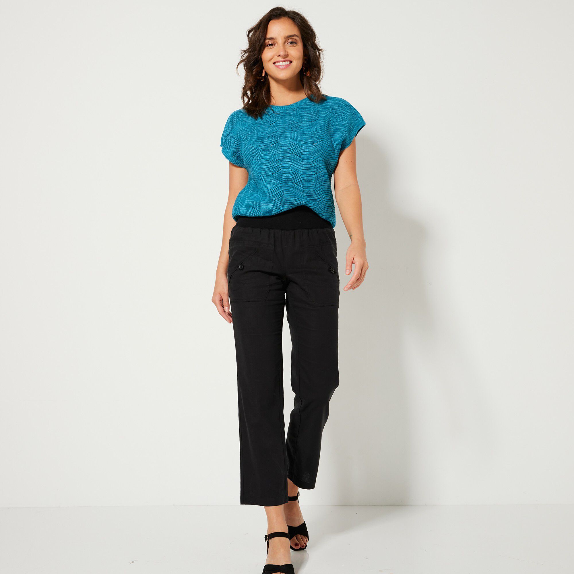 Pantalon coupe droite 7/8ème taille élastiquée, lin coton