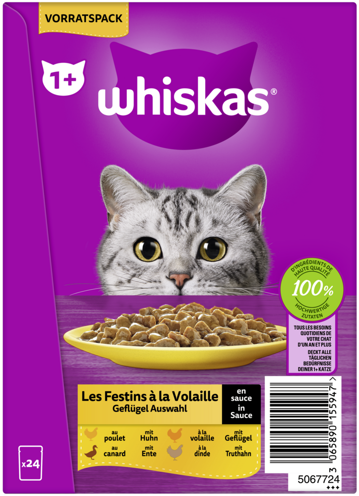 Whiskas Portionsbeutel Multipack Vorratspack 1  Geflügel Auswahl in Sauce 24 x 85g