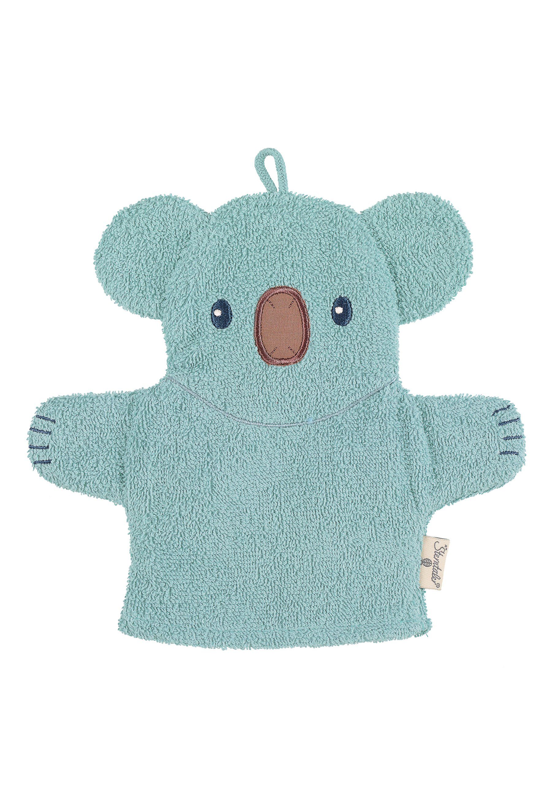 Sterntaler® Waschhandschuh GOTS Spiel-Waschhandschuh Kalla (Stay true to nature, 1-tlg), Waschhandschuh - Nachhaltiger Spiel-Waschhandschuh Koala Kalla aus Frottee - 2 in 1 Baby Waschlappen Koala in Blau melange, 21x23 cm - Seiftuch gemustert