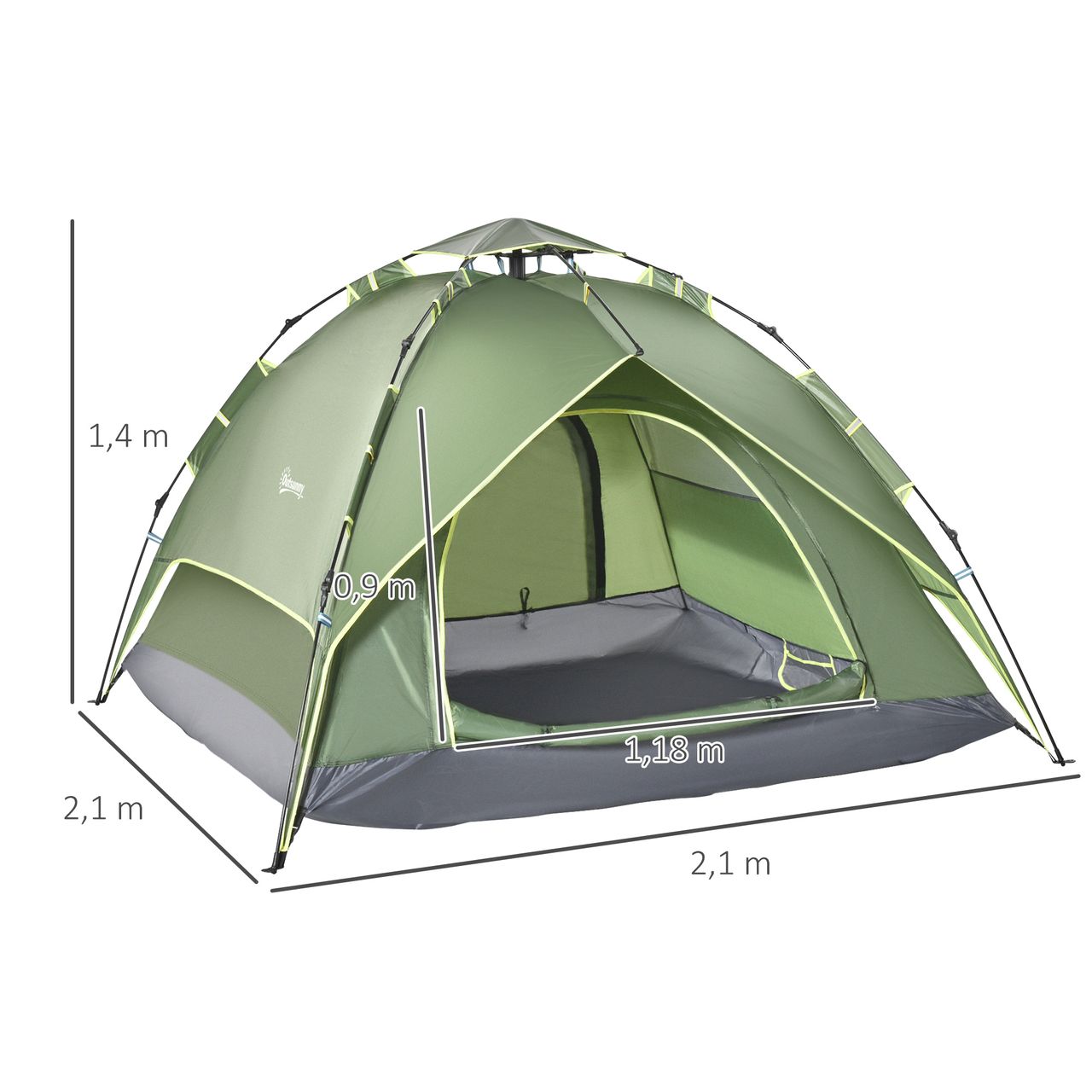 Outsunny Doppelzelt Campingzelt Outdoorzelt Familienzelt Quick-Up-Zelt 2 Erwachsene   1 Kind 4 Jahreszeiten wasserdicht Tragetasche 2 Türen Polyester   Glasfaser Dunkelgrün 210 x 210 x 140 cm