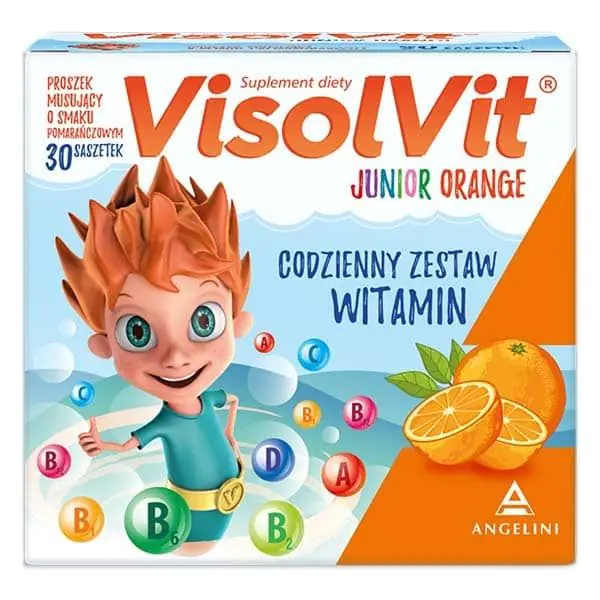 Visolvit Junior Appelsin, et sæt vitaminer i breve til børn over 3 år, appelsinsmag