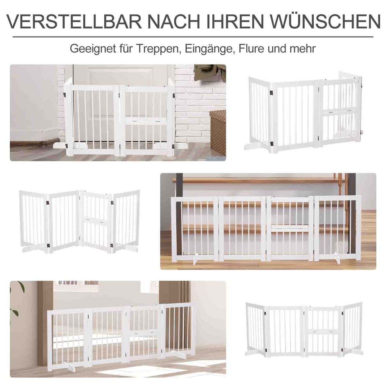 PawHut Hunde Absperrgitter Türschutzgitter Schutzgitter Konfigurationsgitter klappbar mit 4 Stücke Kiefernholz Weiß 215 x 38 x 75 cm