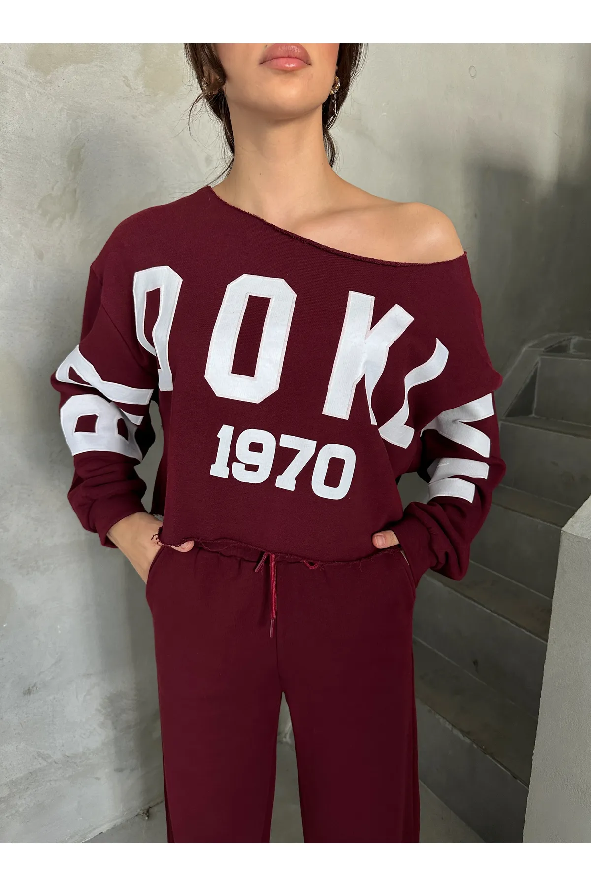 Laluvia  Bordeauxrotes Trainingsanzug-Set mit Aufdruck „Brooklyn 1970“