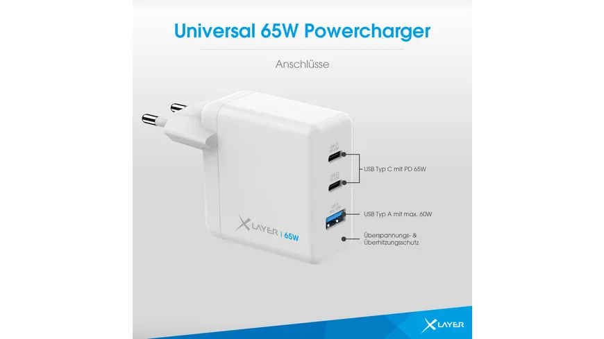 XLayer Powercharger 65W mit 2x USB Typ C & 1x USB Typ A White