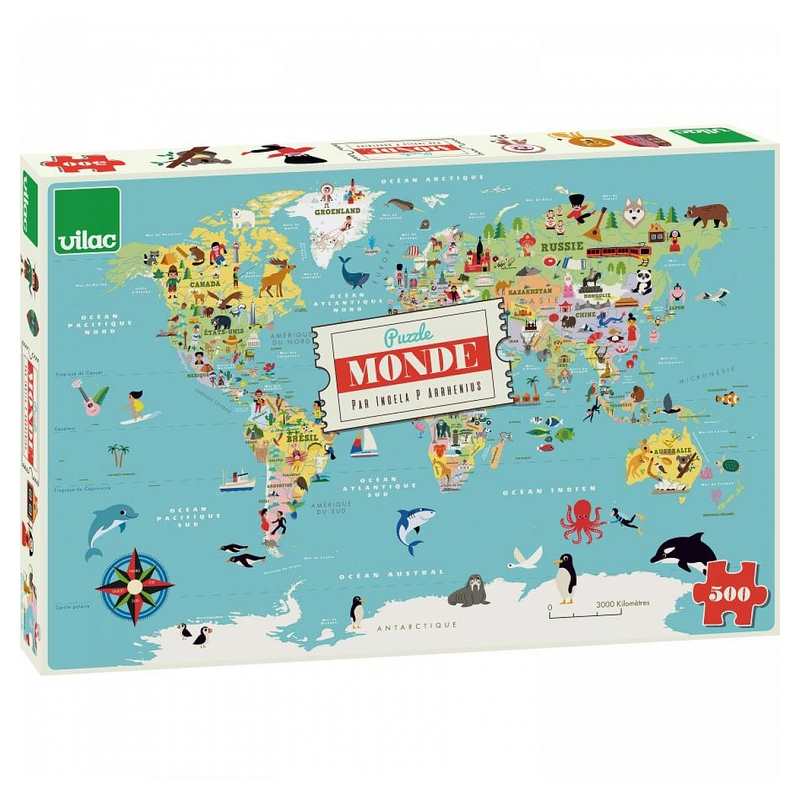 Puzzle Carte du monde 500 pcs Ingela P. Arrhenius, Vilac