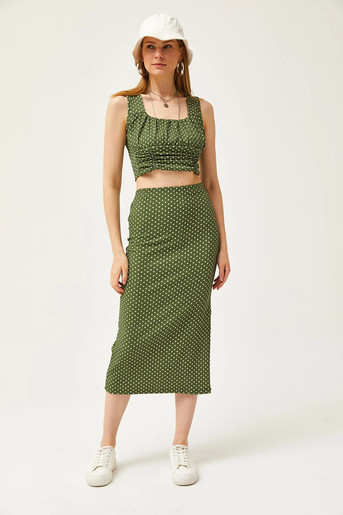 Olalook  Grünes gepunktetes Oberteil für Damen, Bluse, Unterteil, Rock, Strickunterteil, Oberteil-Set TKM-19000281
