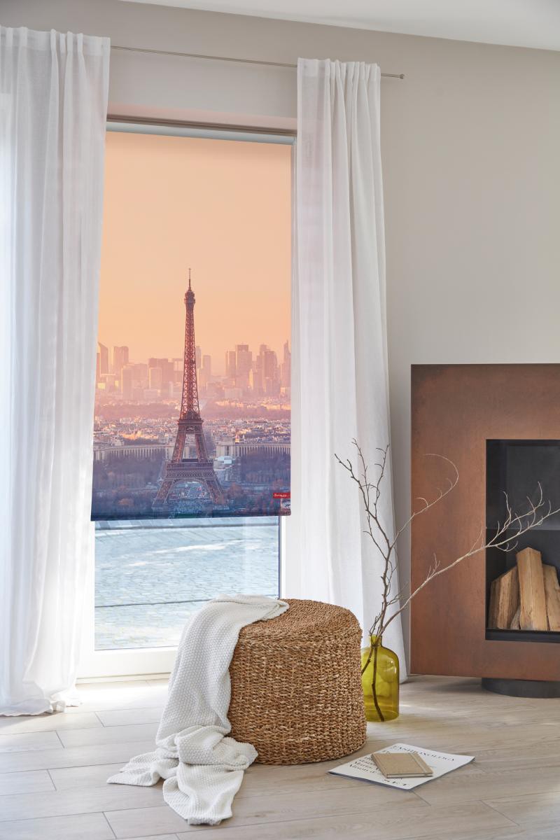 Lichtblick Rollo Klemmfix, ohne Bohren, blickdicht, Eiffelturm - Orange, 60 x 150 cm (B x L)