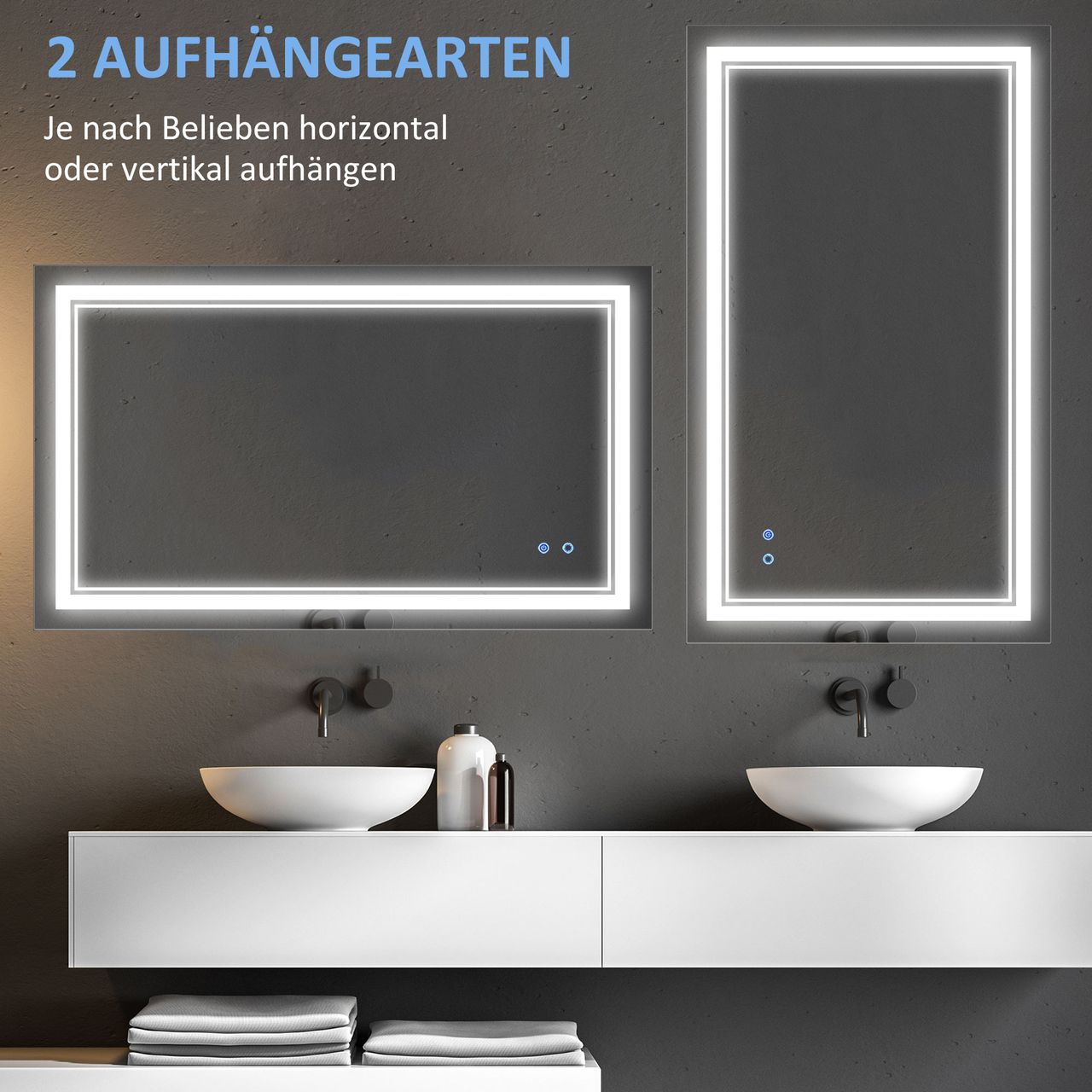 kleankin Badspiegel Badezimmerspiegel mit LED-Leuchte, Wasserdichter Wandspiegel